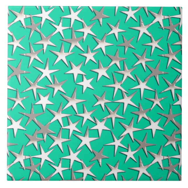 Azulejo De Cerámica Estrellas plateadas de turquesa (Frente)