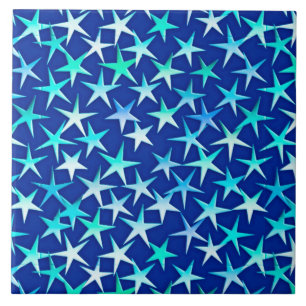 Azulejo De Cerámica Estrellas satinadas, azul pálido sobre cobalto