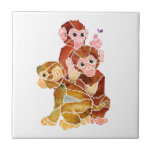 Azulejo De Cerámica Estupideces<br><div class="desc">Dibujo abstracto de tres monos. El mono en el top está señalando hacia una mariposa. Esto fue coloreada con la acuarela.</div>