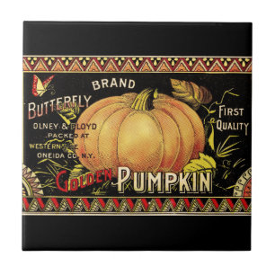 Azulejo De Cerámica Etiqueta de Caja de Calabaza Dorada Vintage: Otoño