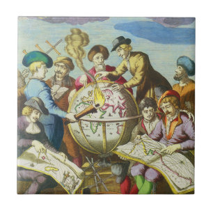 Azulejo De Cerámica Exploradores vintage con mapa de globo antiguo, 15
