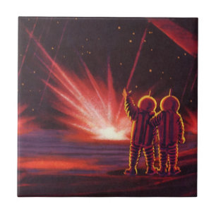 Azulejo De Cerámica Explosión del planeta rojo alienígena de ciencia f