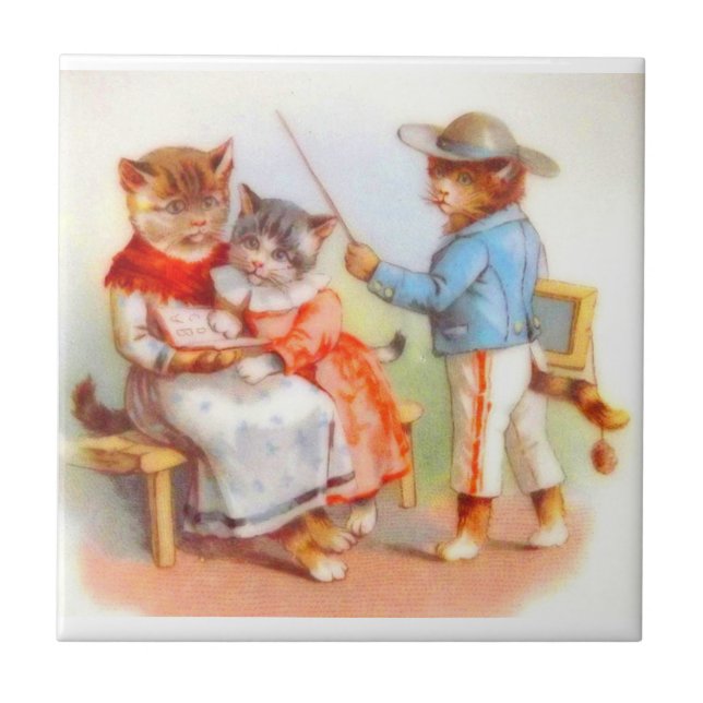 Azulejo De Cerámica Familia de gatos gatitos vestidos de Victoria (Frente)