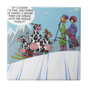 Azulejo De Cerámica Familia de Vaca Esquí en la Nieve Divertido