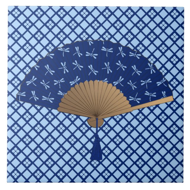 Azulejo De Cerámica Fan japonesa, modelo de la libélula, azul de (Frente)