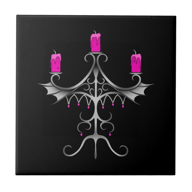 Azulejo De Cerámica Fancy Candelabra gótica rosa caliente sobre negro (Frente)