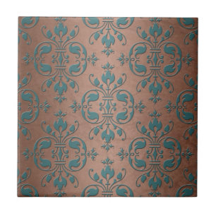 Azulejo De Cerámica Fancy Turquesa sobre Damasco de Cobre Marrón