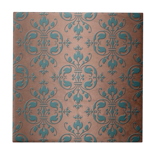 Azulejo De Cerámica Fancy Turquesa sobre Damasco de Cobre Marrón (Frente)