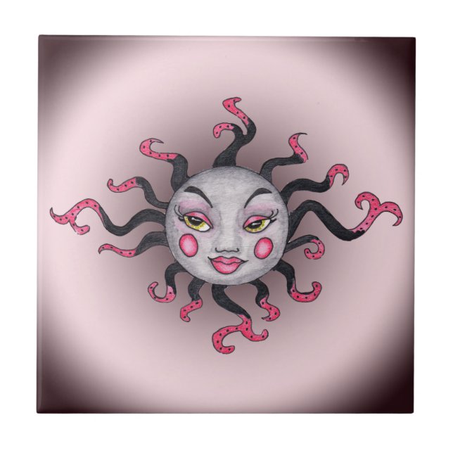 Azulejo De Cerámica Fantasía Gótica Black Pink Sun Goddess Face (Frente)