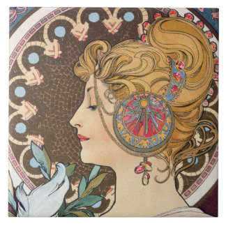 Azulejo De Cerámica Feather de Alphonse Mucha - Vintage Art Nouveau