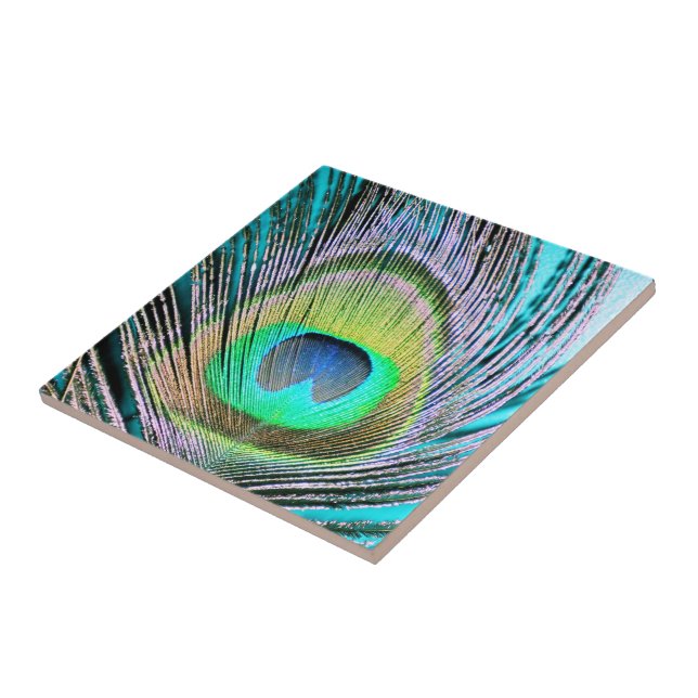 Azulejo De Cerámica Feather de pavo real sobre turquesa (Lado)