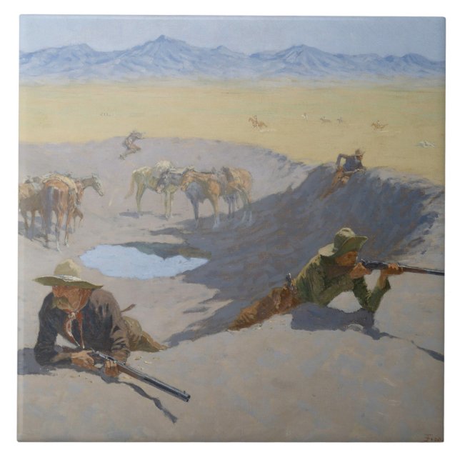 Azulejo De Cerámica Federico Remington - lucha para el Waterhole (Frente)