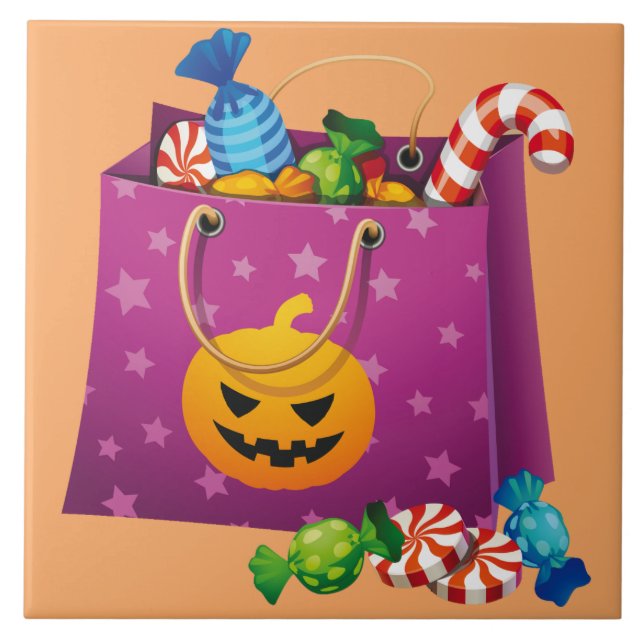 Azulejo De Cerámica Feliz bolso de Halloween lleno de caramelos (Frente)