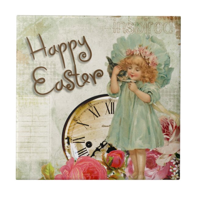 Azulejo De Cerámica feliz chica de Pascua (Frente)