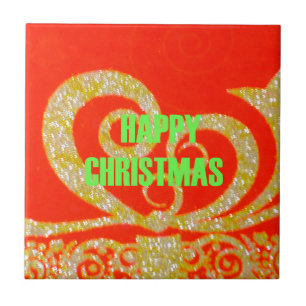 Azulejo De Cerámica Feliz Colección de Navidades Rojo y Oro.