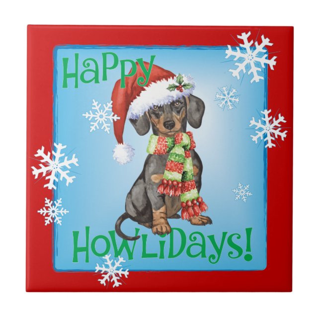 Azulejo De Cerámica Feliz Howlidays Dachshund (Frente)