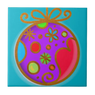 Azulejo De Cerámica Feliz Navidad Bauble Coloroso Púrpura Rojo