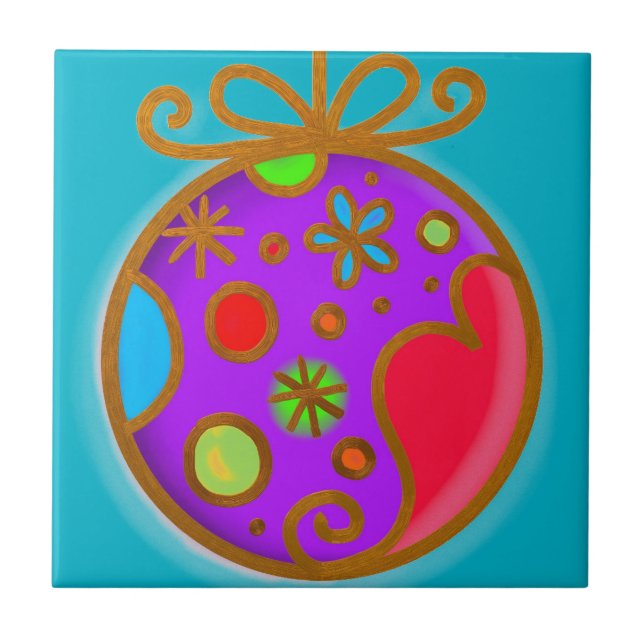 Azulejo De Cerámica Feliz Navidad Bauble Coloroso Púrpura Rojo (Frente)