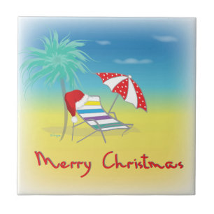 Azulejo De Cerámica Feliz Navidad, Santa Hat, palmera, playa