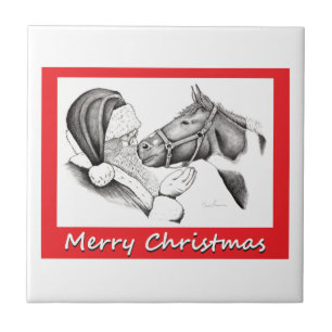 Azulejo De Cerámica Feliz Navidad, Santa y Caballo