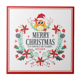 Azulejo De Cerámica Feliz Navidad Typography Navidades Owl Wreath