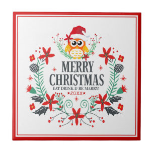 Azulejo De Cerámica Feliz Navidad Typography Navidades Owl Wreath