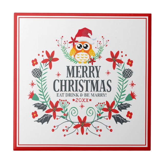 Azulejo De Cerámica Feliz Navidad Typography Navidades Owl Wreath (Frente)