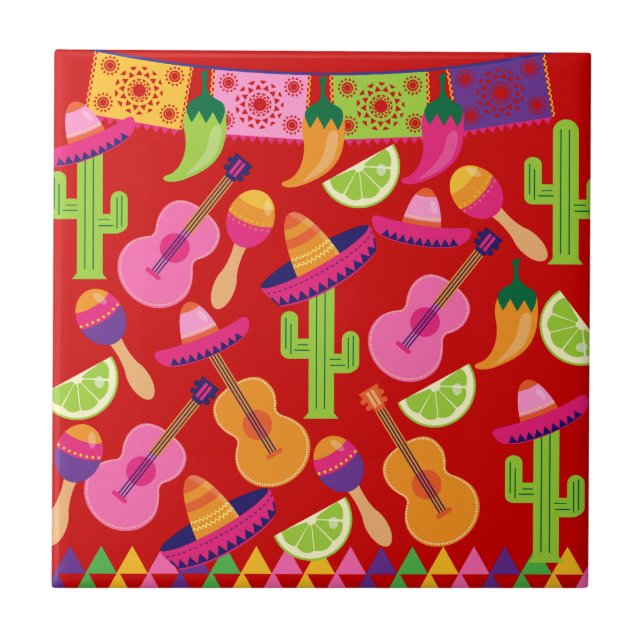 Azulejo De Cerámica Fiesta Fiesta Sombrero Limes Guitarra Maraca Sagua (Frente)