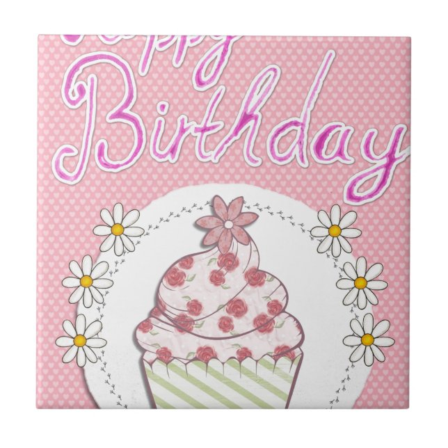 Azulejo De Cerámica Fiesta Pastel Rosa Feliz Cumpleaños (Frente)