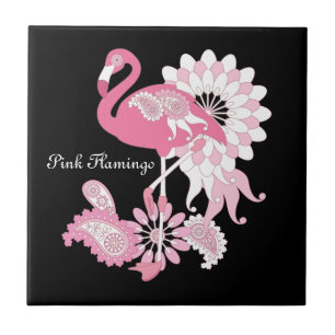 Azulejo De Cerámica Flamenco Rosa Pájaro Tropical Caprichoso Negro Mod