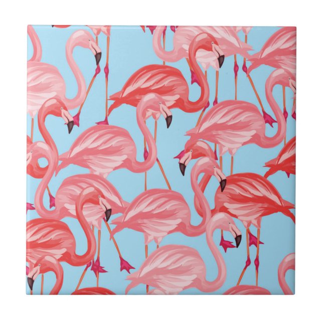 Azulejo De Cerámica Flamencos rosados brillantes en azul (Frente)