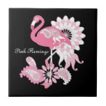 Azulejo De Cerámica Flamingo rosa negro moderno personalizado<br><div class="desc">El diseño del producto incluye un flamingo con motivos aleidoscópicos de paisajes en tonos rosas. Este ilustracion tropical de pájaros con texto personalizado hace una cerámica moderna y única.</div>