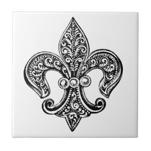 Azulejo De Cerámica Fleur De Lis Laceado Vintage en Blanco y Negro