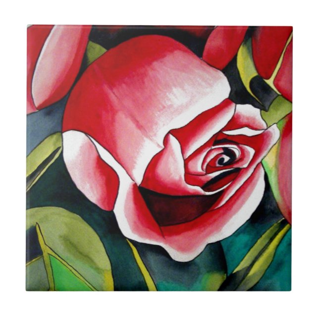 Azulejo De Cerámica Flor de arte de la pintura acuarela rosa de Rosebu (Frente)