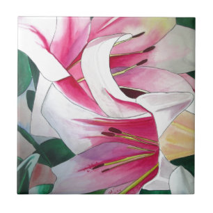 Azulejo De Cerámica Flor de flores de lirio blanco y rosa acuarela art