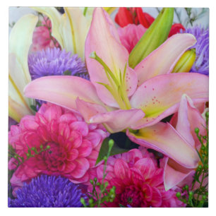 Azulejo De Cerámica Flor de lirio rosa y dahlia cerámica