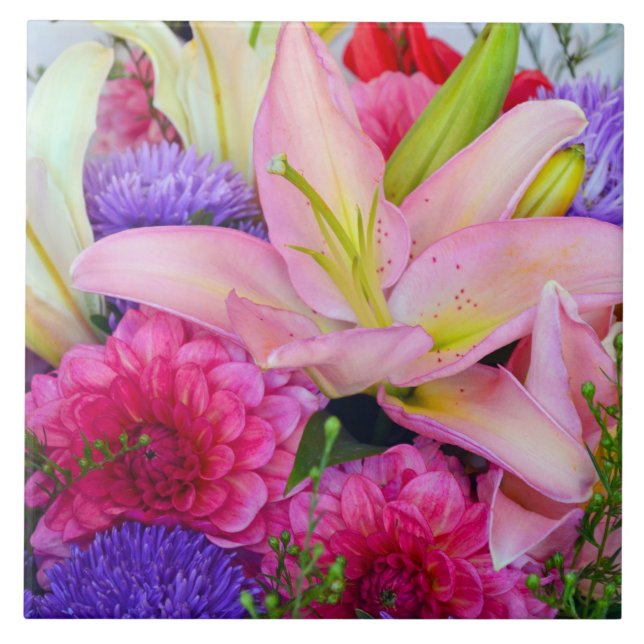 Azulejo De Cerámica Flor de lirio rosa y dahlia cerámica (Frente)