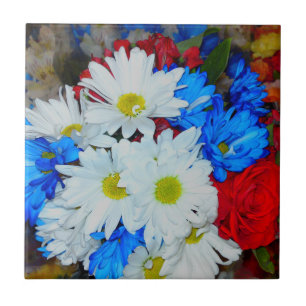 Azulejo De Cerámica Flor de margarita blanca y azul brillante mosaico