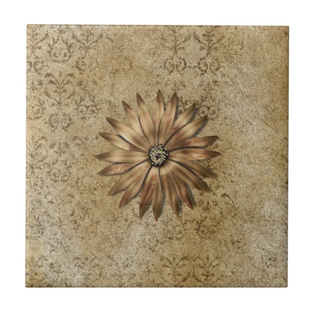Azulejo De Cerámica Flor metálica del oro en beige (Frente)