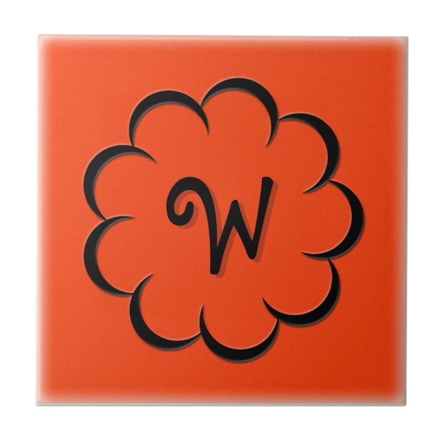 Azulejo De Cerámica Flor Negra Monogramada sobre Naranja Tango (Frente)
