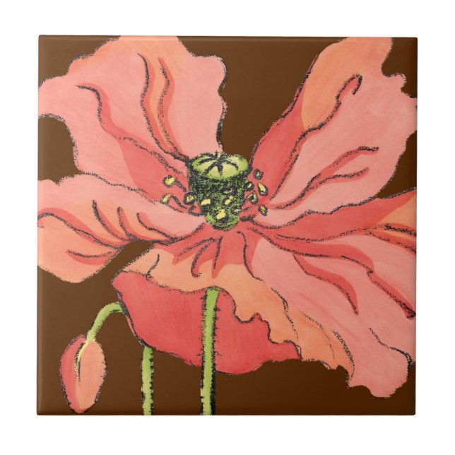 Azulejo De Cerámica Flor rosa grande con fondo rojo profundo (Frente)