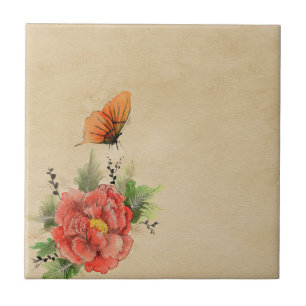 Azulejo De Cerámica Flor y mariposa