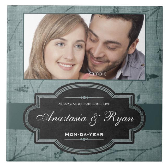 Azulejo De Cerámica Floral azul Boda personalizado foto Keepsake (Frente)