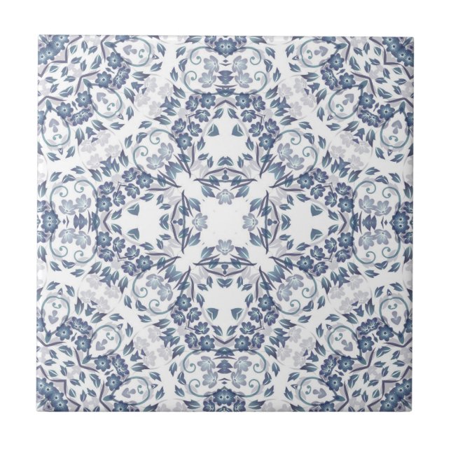 Azulejo De Cerámica Floral blanca gris azul Mandala (Frente)