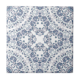 Azulejo De Cerámica Floral blanca gris azul Mandala