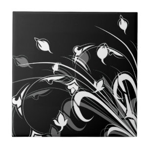 Azulejo De Cerámica Floral blanco y negro elegante