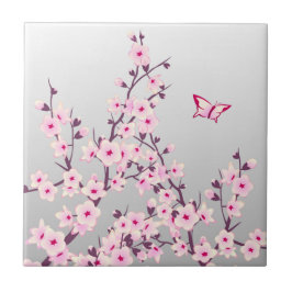 Azulejo De Cerámica Floral Cerezo Blossom Mariposa Rosa Gris