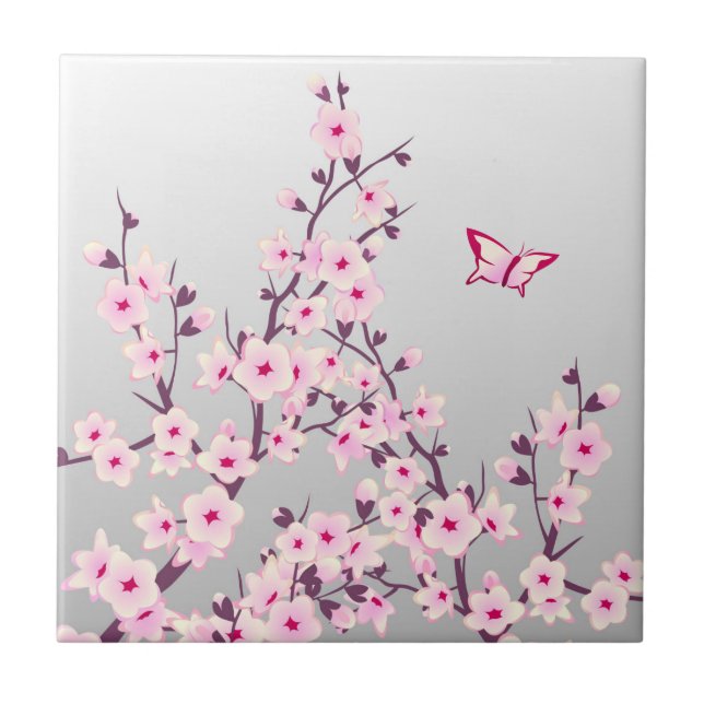 Azulejo De Cerámica Floral Cerezo Blossom Mariposa Rosa Gris (Frente)