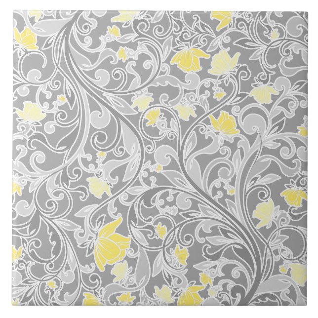 Azulejo De Cerámica Floral moderna de color amarillo y gris batido (Frente)