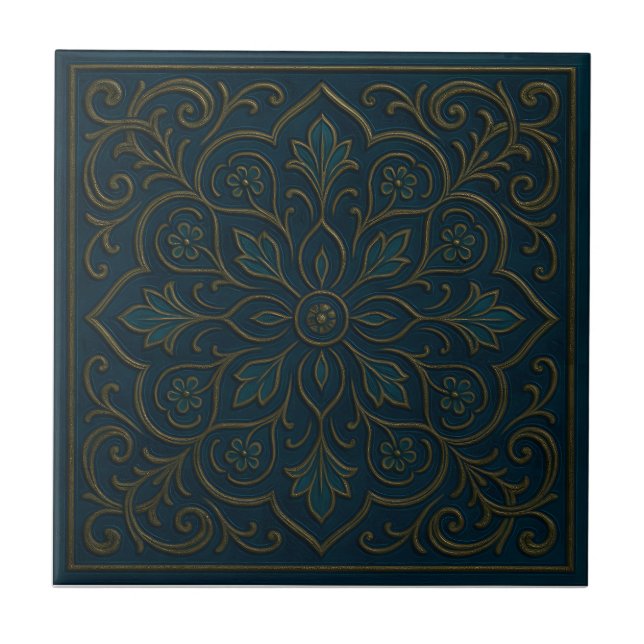 Azulejo de cerámica floral turquesa vintage (Frente)